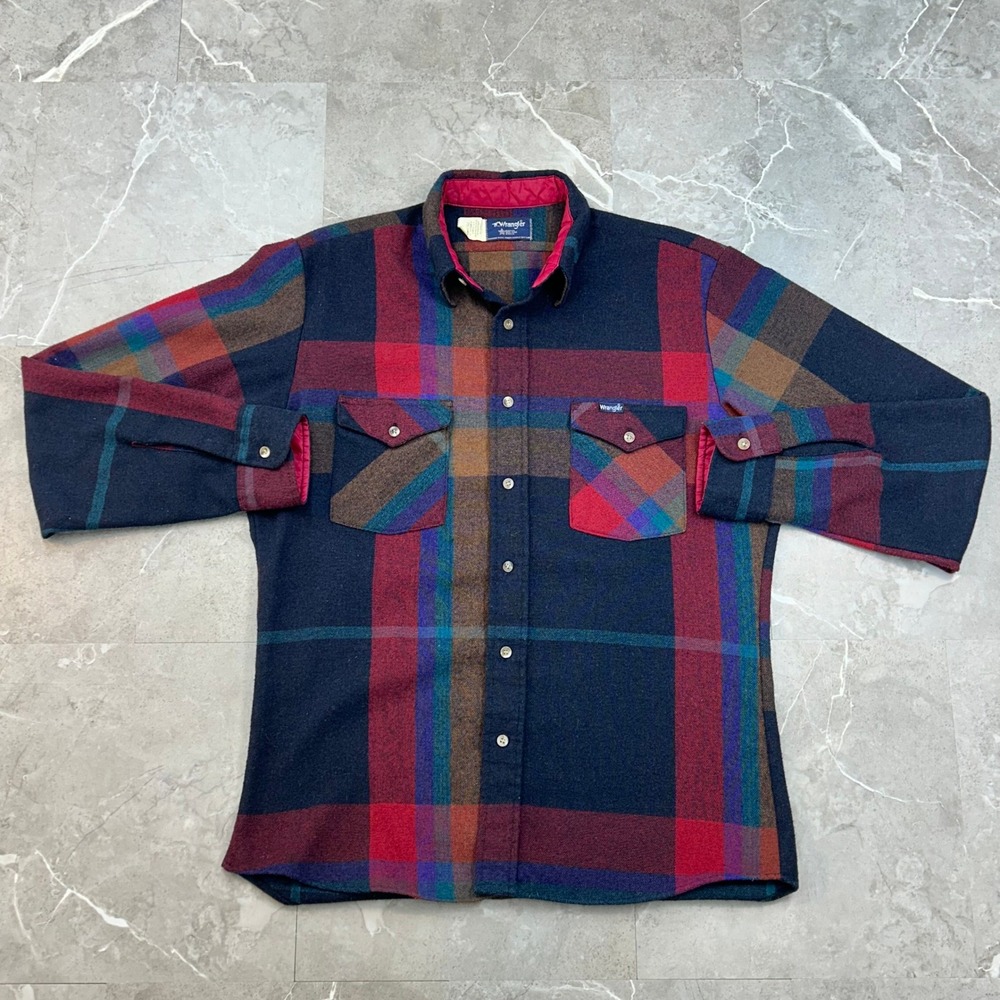 Vintage Wrangler Wool Blend Plaid Flannel Shirt Men Medium Made In USA Button Up